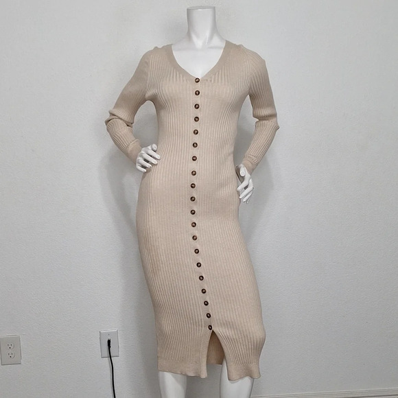 Olive & Oak "NEW" Cream Coquette V-Neck Button Front Ribbed Sweater Midi Dress M - Picture 1 of 12